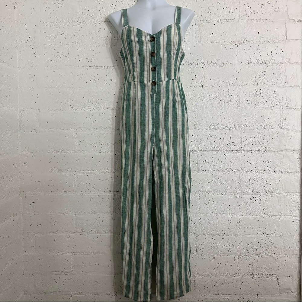 Romeo & Juliet Couture Pantsuit Jumpsuit M Kelly Linen Rayon Green Striped BB18